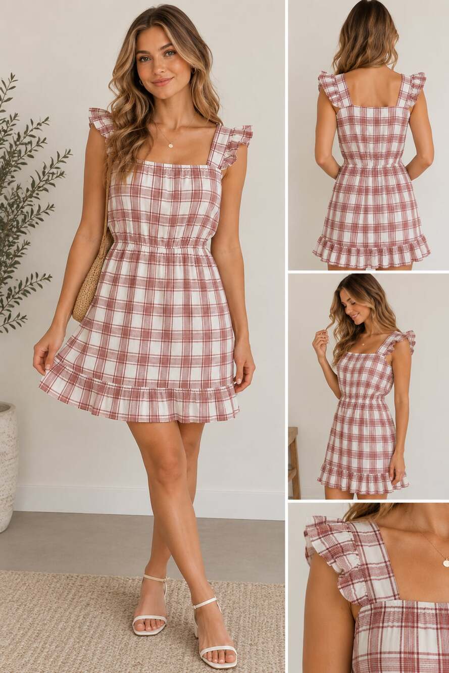 Anchora Bella Women's Plaid Ruffle Sleeve Mini Dress